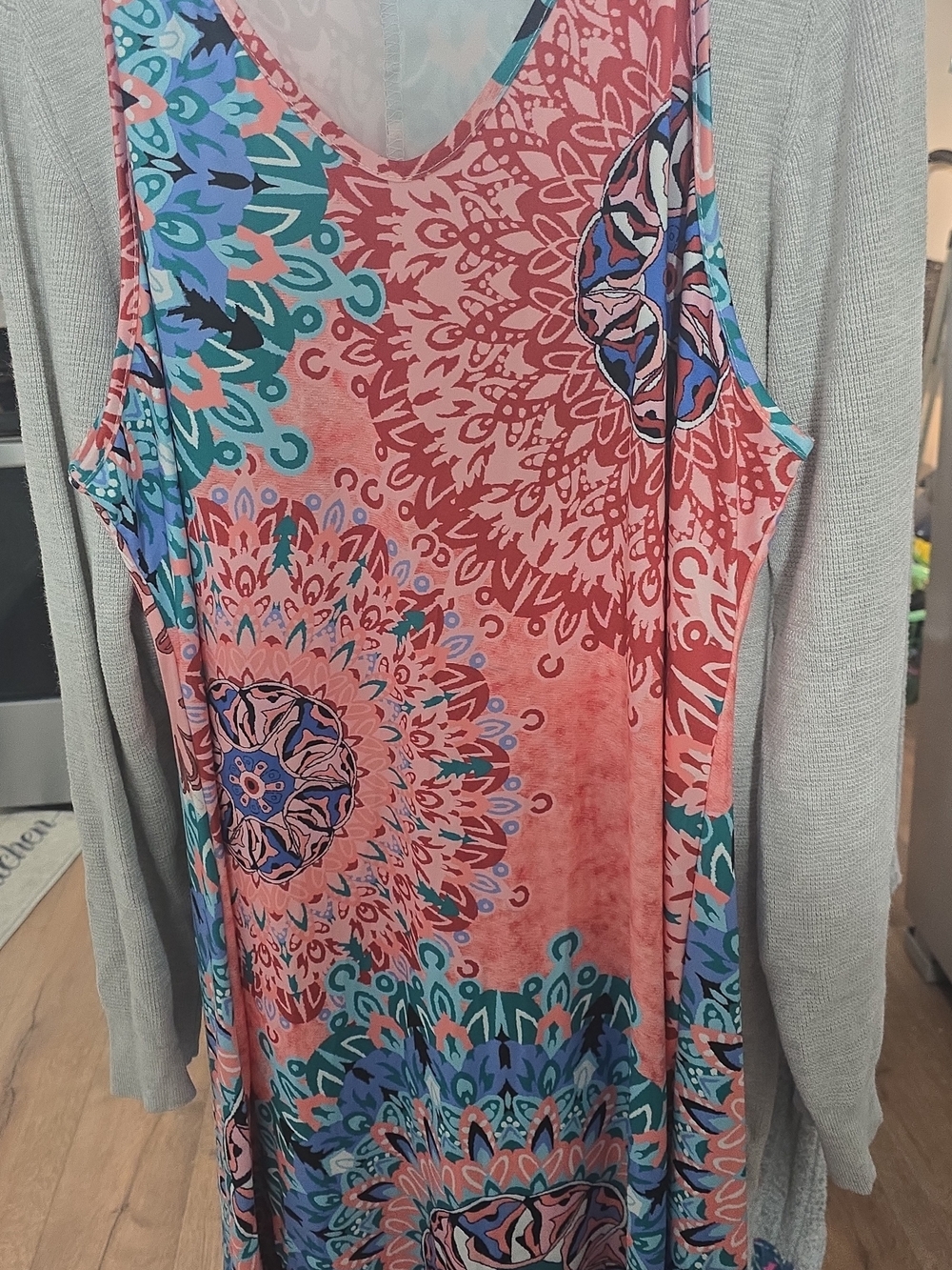Women's Coral and Teal Printed Tank Top Dress